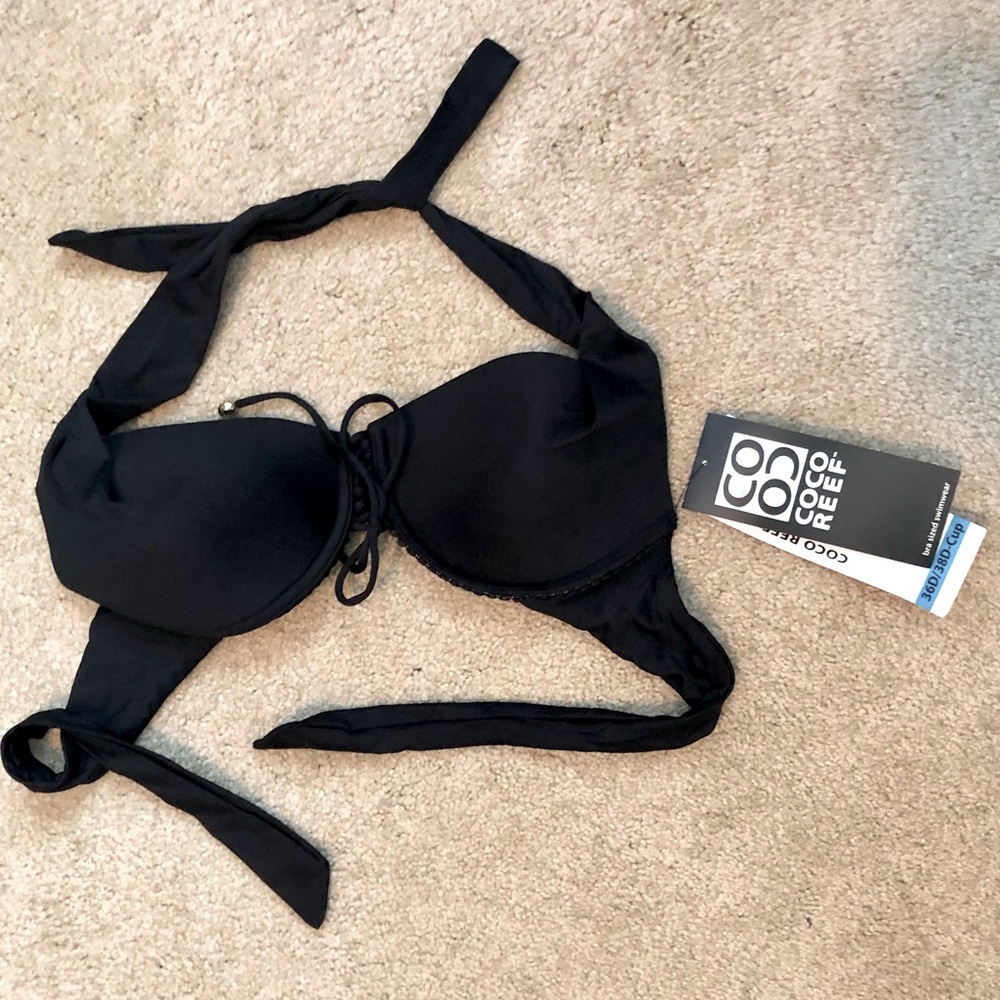 Classic Black NWT Coco Reef Bikini Top Sz-36/38D, w/Cute & Sexy Lace-Up Detail!